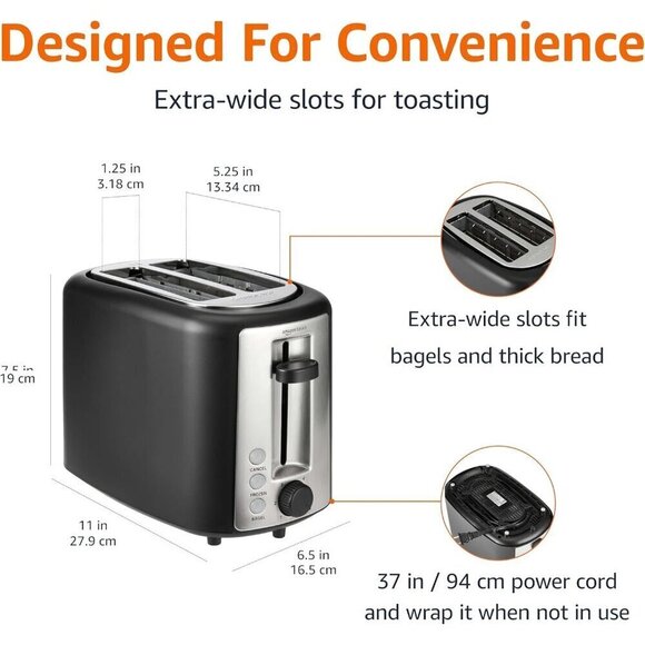 Amazon Basic 2 Slice Extra Wide Slot Toaster Black & Silver Removable Crumb Tray - Picture 3 of 6